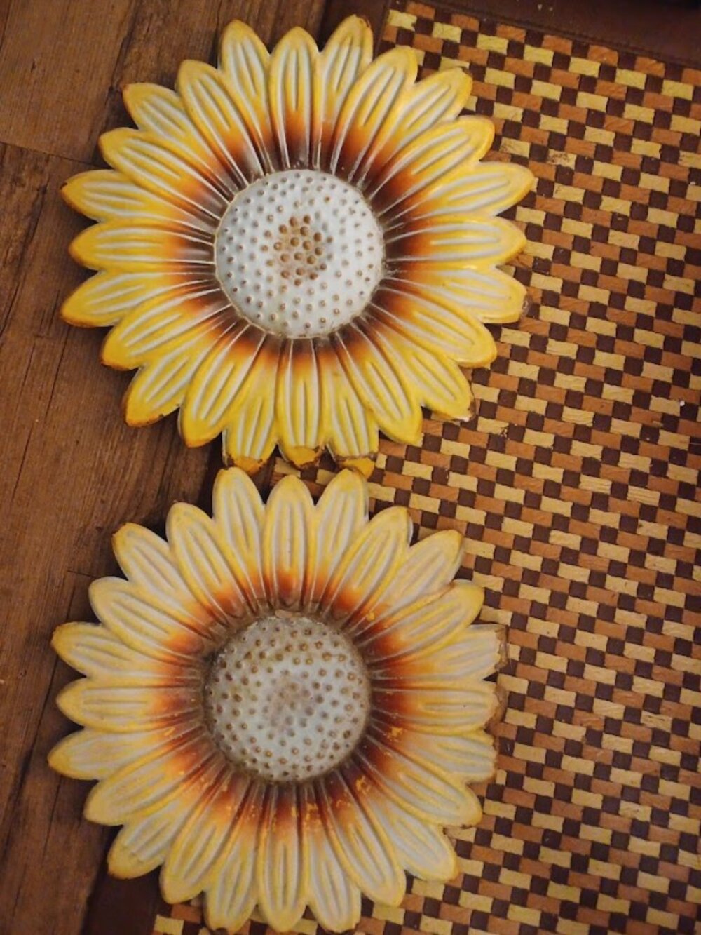 Yellow Metal Sunflower Wall Art Floral Petal Sculpture Hanging Decor - Set of 2